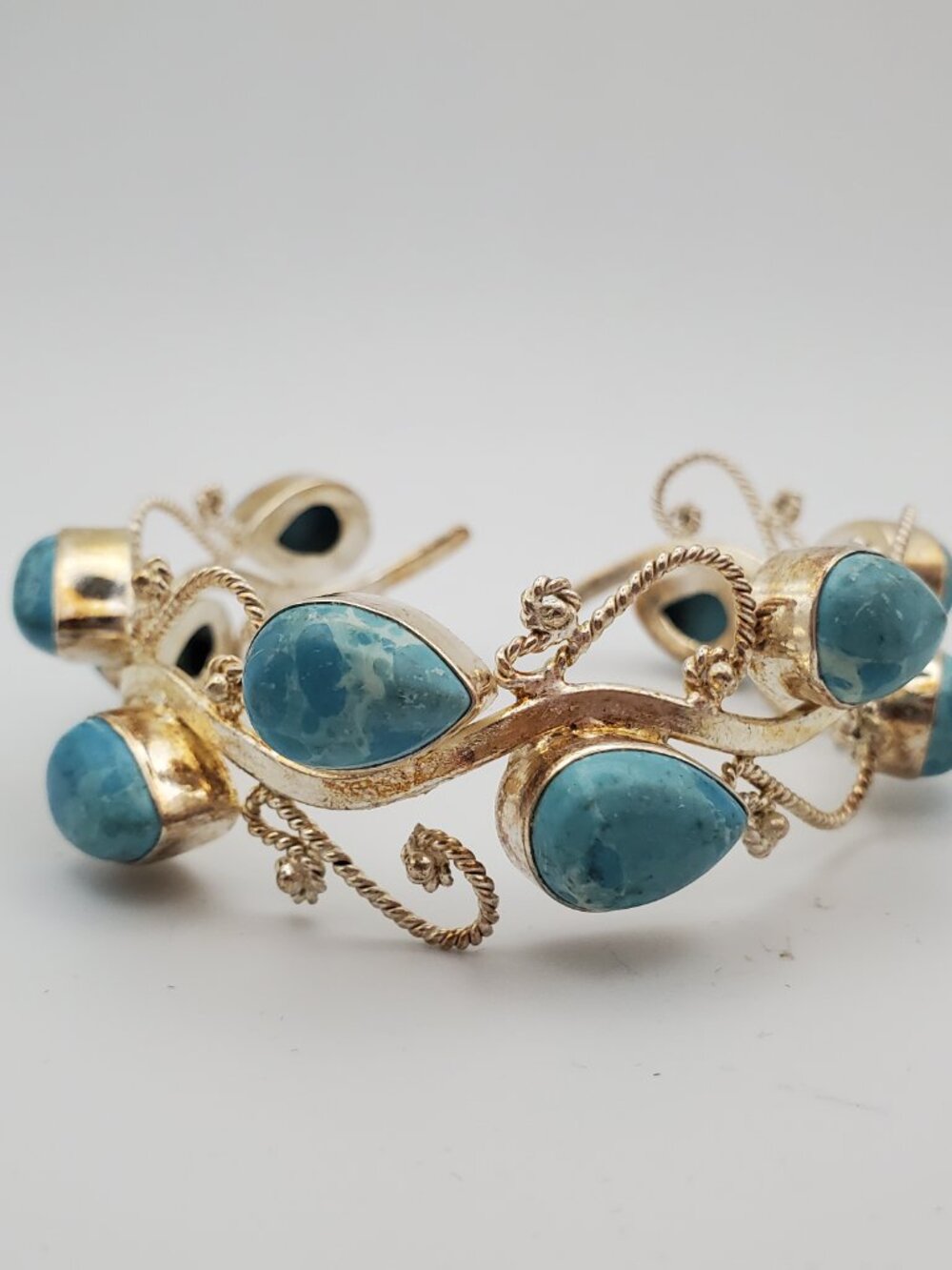 VTG 925 Silver Teardrop Larimar Stones Sterling Filagree Cuff Bangle Bracelet